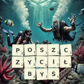 Kreatywna ilustracja do gry w Scrabble ze słowem POSZCZYCIŁBYŚ ułożonym z płytek na planszy.