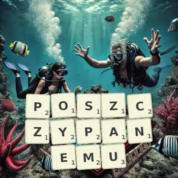 Kreatywna ilustracja do gry w Scrabble ze słowem POSZCZYPANEMU ułożonym z płytek na planszy.