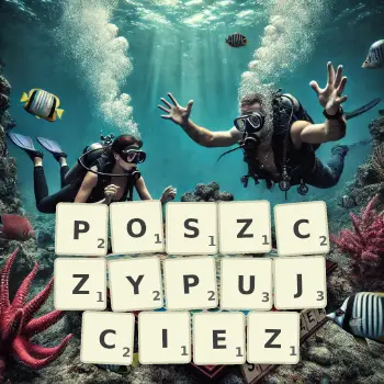 Kreatywna ilustracja do gry w Scrabble ze słowem POSZCZYPUJCIEZ ułożonym z płytek na planszy.