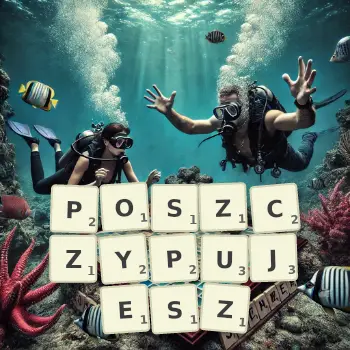 Kreatywna ilustracja do gry w Scrabble ze słowem POSZCZYPUJESZ ułożonym z płytek na planszy.