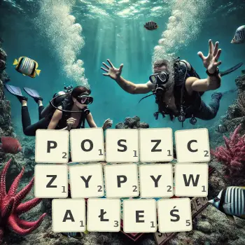 Kreatywna ilustracja do gry w Scrabble ze słowem POSZCZYPYWAŁEŚ ułożonym z płytek na planszy.