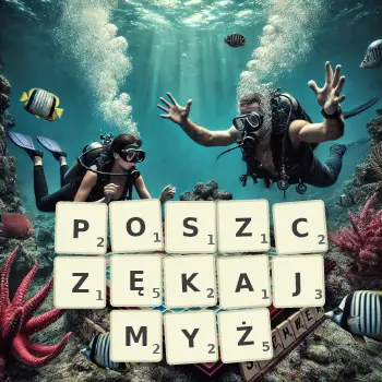 Kreatywna ilustracja do gry w Scrabble ze słowem POSZCZĘKAJMYŻ ułożonym z płytek na planszy.
