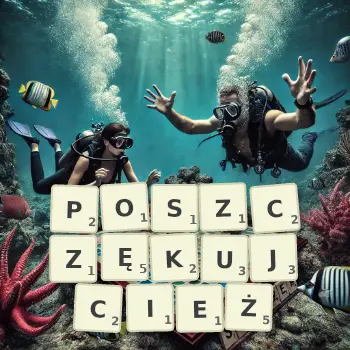 Kreatywna ilustracja do gry w Scrabble ze słowem POSZCZĘKUJCIEŻ ułożonym z płytek na planszy.