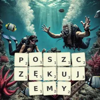 Kreatywna ilustracja do gry w Scrabble ze słowem POSZCZĘKUJEMY ułożonym z płytek na planszy.