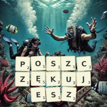 Kreatywna ilustracja do gry w Scrabble ze słowem POSZCZĘKUJESZ ułożonym z płytek na planszy.