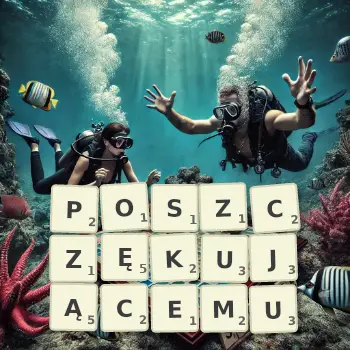 Kreatywna ilustracja do gry w Scrabble ze słowem POSZCZĘKUJĄCEMU ułożonym z płytek na planszy.