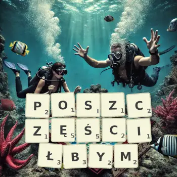 Kreatywna ilustracja do gry w Scrabble ze słowem POSZCZĘŚCIŁBYM ułożonym z płytek na planszy.