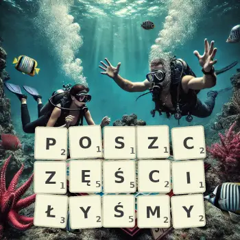 Kreatywna ilustracja do gry w Scrabble ze słowem POSZCZĘŚCIŁYŚMY ułożonym z płytek na planszy.