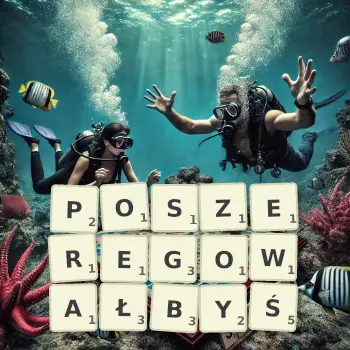 Kreatywna ilustracja do gry w Scrabble ze słowem POSZEREGOWAŁBYŚ ułożonym z płytek na planszy.