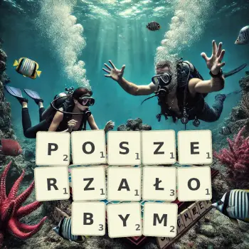 Kreatywna ilustracja do gry w Scrabble ze słowem POSZERZAŁOBYM ułożonym z płytek na planszy.