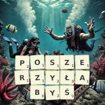 Kreatywna ilustracja do gry w Scrabble ze słowem POSZERZYŁABYŚ ułożonym z płytek na planszy.
