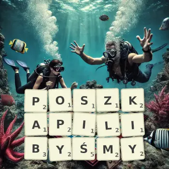Kreatywna ilustracja do gry w Scrabble ze słowem POSZKAPILIBYŚMY ułożonym z płytek na planszy.