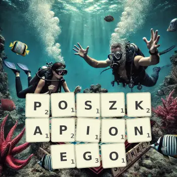 Kreatywna ilustracja do gry w Scrabble ze słowem POSZKAPIONEGO ułożonym z płytek na planszy.