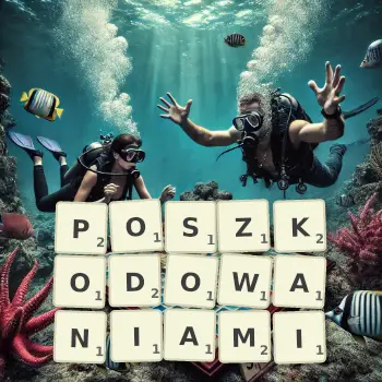 Kreatywna ilustracja do gry w Scrabble ze słowem POSZKODOWANIAMI ułożonym z płytek na planszy.
