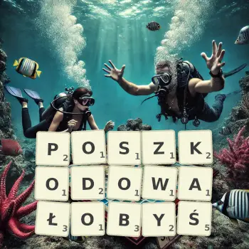 Kreatywna ilustracja do gry w Scrabble ze słowem POSZKODOWAŁOBYŚ ułożonym z płytek na planszy.