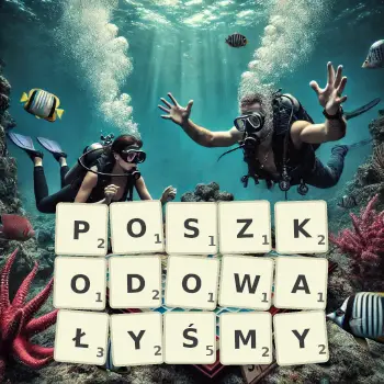 Kreatywna ilustracja do gry w Scrabble ze słowem POSZKODOWAŁYŚMY ułożonym z płytek na planszy.