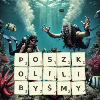 Kreatywna ilustracja do gry w Scrabble ze słowem POSZKOLILIBYŚMY ułożonym z płytek na planszy.