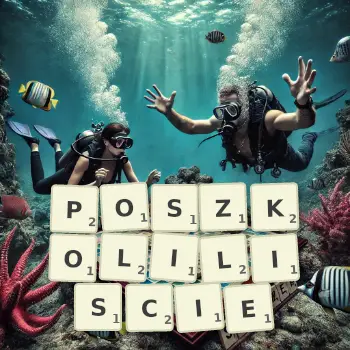 Kreatywna ilustracja do gry w Scrabble ze słowem POSZKOLILISCIE ułożonym z płytek na planszy.