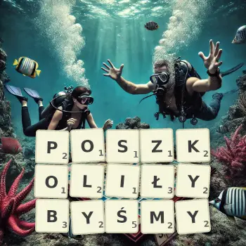 Kreatywna ilustracja do gry w Scrabble ze słowem POSZKOLIŁYBYŚMY ułożonym z płytek na planszy.