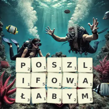 Kreatywna ilustracja do gry w Scrabble ze słowem POSZLIFOWAŁABYM ułożonym z płytek na planszy.