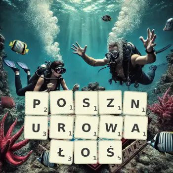 Kreatywna ilustracja do gry w Scrabble ze słowem POSZNUROWAŁOŚ ułożonym z płytek na planszy.