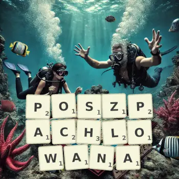 Kreatywna ilustracja do gry w Scrabble ze słowem POSZPACHLOWANA ułożonym z płytek na planszy.