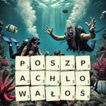 Kreatywna ilustracja do gry w Scrabble ze słowem POSZPACHLOWAŁOŚ ułożonym z płytek na planszy.