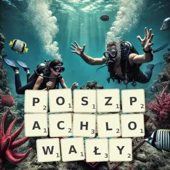 Kreatywna ilustracja do gry w Scrabble ze słowem POSZPACHLOWAŁY ułożonym z płytek na planszy.