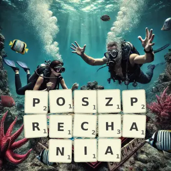 Kreatywna ilustracja do gry w Scrabble ze słowem POSZPRECHANIA ułożonym z płytek na planszy.