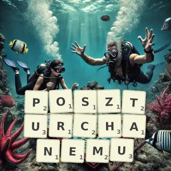 Kreatywna ilustracja do gry w Scrabble ze słowem POSZTURCHANEMU ułożonym z płytek na planszy.
