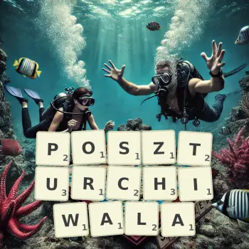 Kreatywna ilustracja do gry w Scrabble ze słowem POSZTURCHIWALA ułożonym z płytek na planszy.