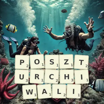 Kreatywna ilustracja do gry w Scrabble ze słowem POSZTURCHIWALI ułożonym z płytek na planszy.