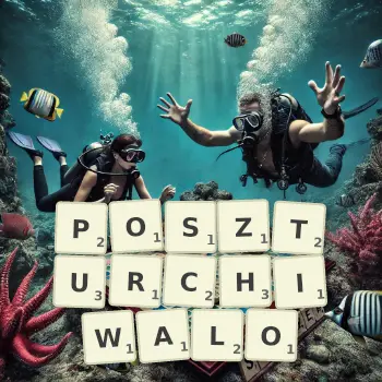 Kreatywna ilustracja do gry w Scrabble ze słowem POSZTURCHIWALO ułożonym z płytek na planszy.
