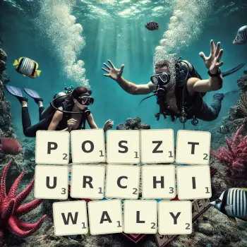 Kreatywna ilustracja do gry w Scrabble ze słowem POSZTURCHIWALY ułożonym z płytek na planszy.