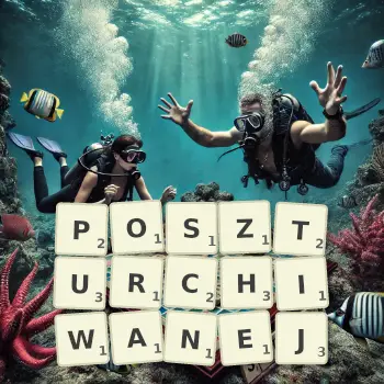 Kreatywna ilustracja do gry w Scrabble ze słowem POSZTURCHIWANEJ ułożonym z płytek na planszy.