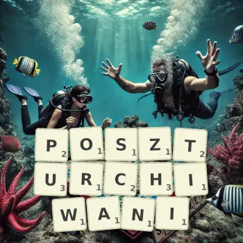 Kreatywna ilustracja do gry w Scrabble ze słowem POSZTURCHIWANI ułożonym z płytek na planszy.