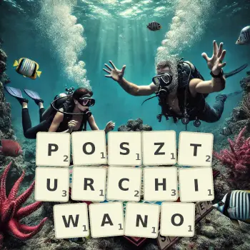 Kreatywna ilustracja do gry w Scrabble ze słowem POSZTURCHIWANO ułożonym z płytek na planszy.