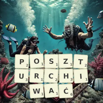 Kreatywna ilustracja do gry w Scrabble ze słowem POSZTURCHIWAĆ ułożonym z płytek na planszy.