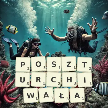 Kreatywna ilustracja do gry w Scrabble ze słowem POSZTURCHIWAŁA ułożonym z płytek na planszy.