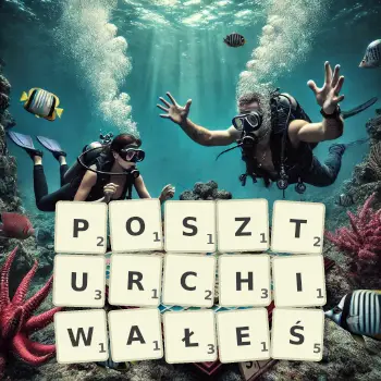 Kreatywna ilustracja do gry w Scrabble ze słowem POSZTURCHIWAŁEŚ ułożonym z płytek na planszy.