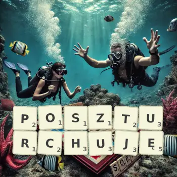 Kreatywna ilustracja do gry w Scrabble ze słowem POSZTURCHUJĘ ułożonym z płytek na planszy.