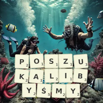 Kreatywna ilustracja do gry w Scrabble ze słowem POSZUKALIBYŚMY ułożonym z płytek na planszy.