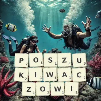 Kreatywna ilustracja do gry w Scrabble ze słowem POSZUKIWACZOWI ułożonym z płytek na planszy.