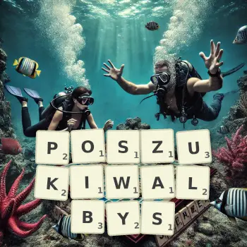Kreatywna ilustracja do gry w Scrabble ze słowem POSZUKIWALBYS ułożonym z płytek na planszy.