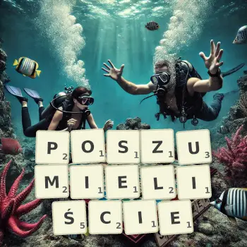 Kreatywna ilustracja do gry w Scrabble ze słowem POSZUMIELIŚCIE ułożonym z płytek na planszy.