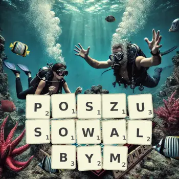Kreatywna ilustracja do gry w Scrabble ze słowem POSZUSOWALBYM ułożonym z płytek na planszy.