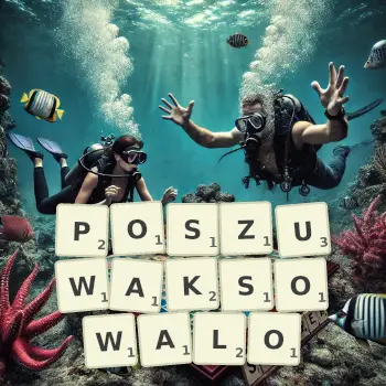 Kreatywna ilustracja do gry w Scrabble ze słowem POSZUWAKSOWALO ułożonym z płytek na planszy.