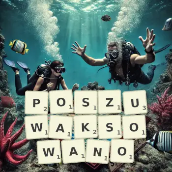 Kreatywna ilustracja do gry w Scrabble ze słowem POSZUWAKSOWANO ułożonym z płytek na planszy.