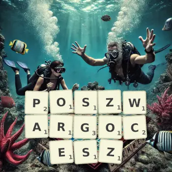 Kreatywna ilustracja do gry w Scrabble ze słowem POSZWARGOCESZ ułożonym z płytek na planszy.