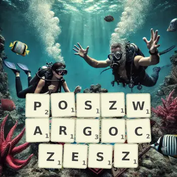 Kreatywna ilustracja do gry w Scrabble ze słowem POSZWARGOCZESZ ułożonym z płytek na planszy.